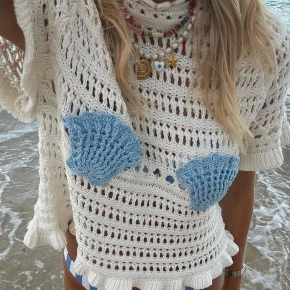 ASOS Cream Crochet Ruffle Sweater with Blue Shell Appliqués